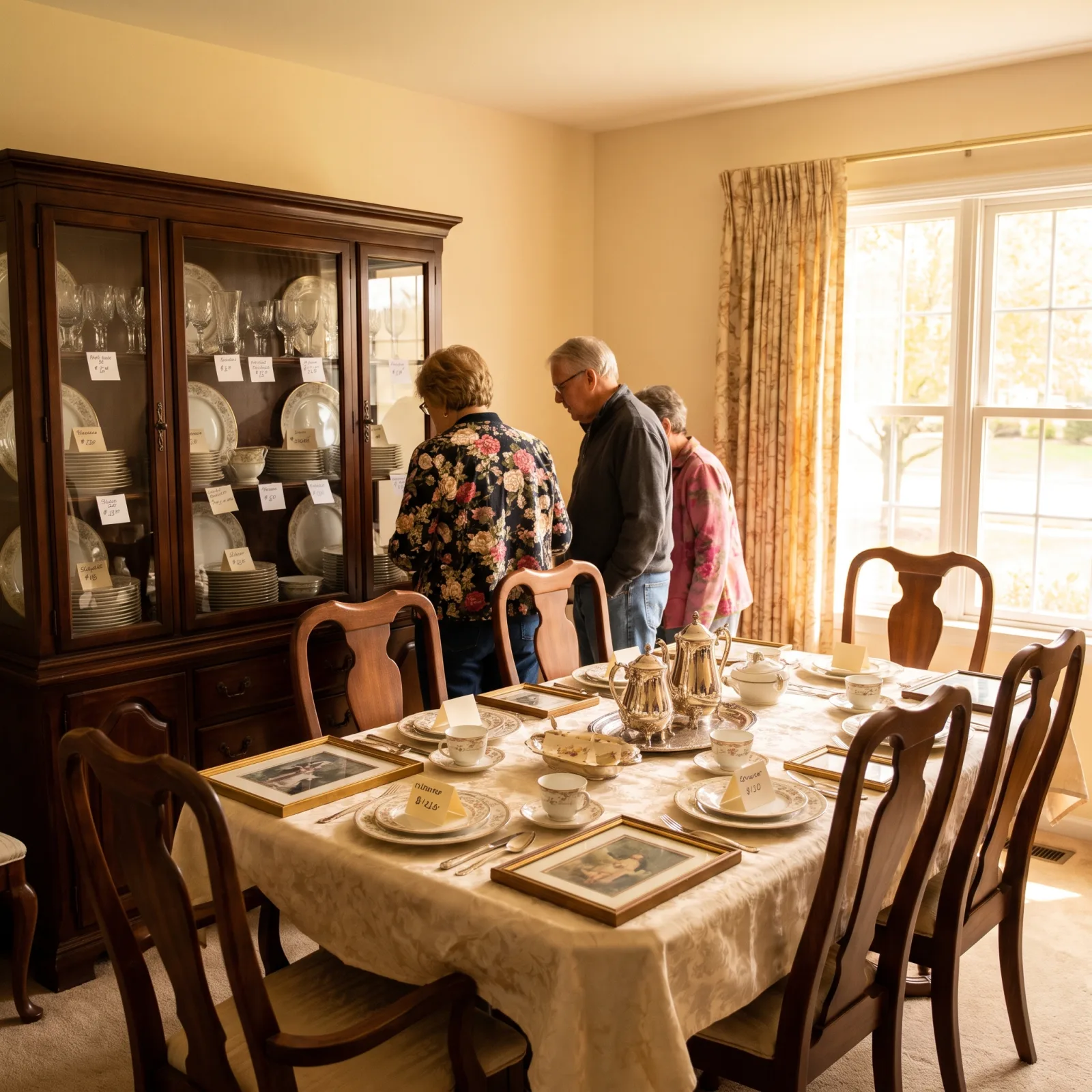 Well-organized Kirkwood estate sale in a suburban home dining room with staged china cabinet and price tags
